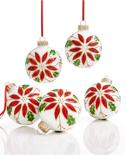  Holiday  Lane Set of 5 Glass Poinsettia Ball Ornaments  
