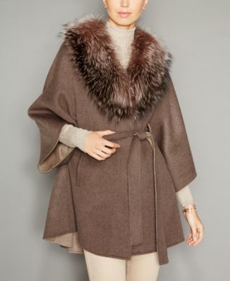 The Fur Vault - Fox-Fur-Trim Belted Wool-Blend Cape