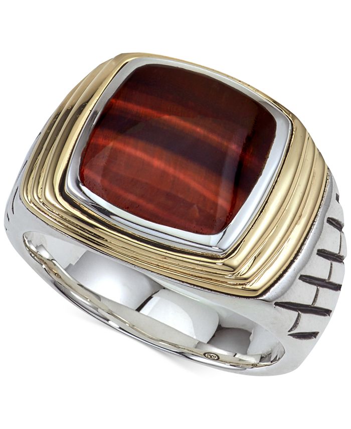 Esquire Men's Jewelry - Tiger's Eye (12 x 10mm) Two-Tone Ring in Sterling Silver & 14k Gold