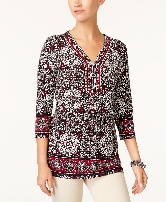 JM Collection Petite Printed Embellished Y-Neck Tunic, Created for Macy ...