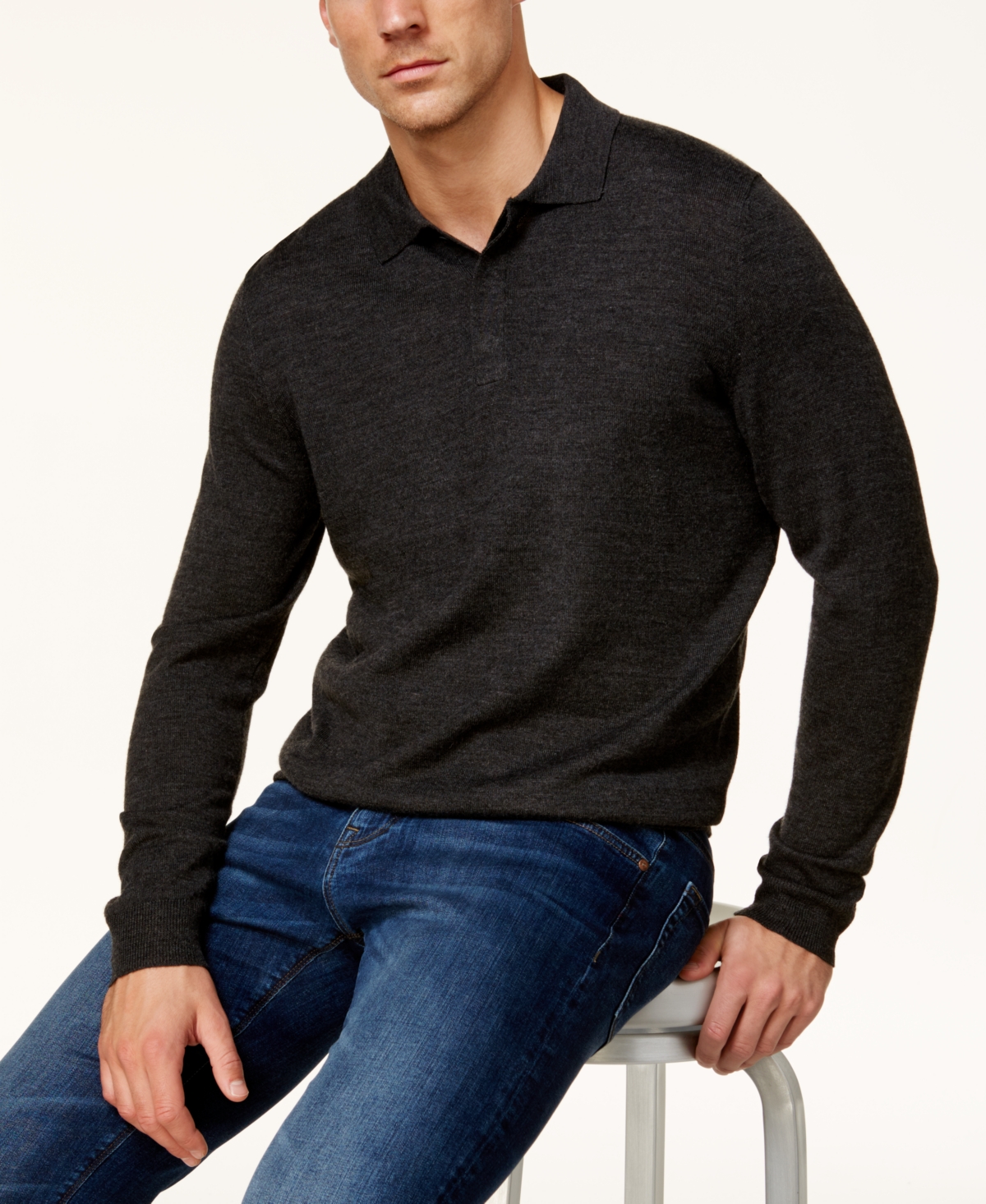 Men's Merino Wool Blend Polo Sweater, Created for Macy's - Ebony Heather