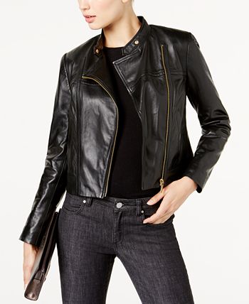 Michael Kors Leather Moto Jacket, Regular & Petite Sizes & Reviews ...