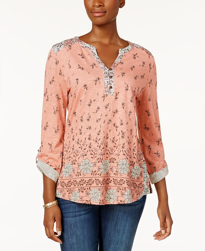 Style & Co Printed Roll-Tab-Sleeve Top, Created for Macy's - Macy's