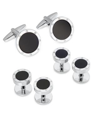 image of Sutton by Rhona Sutton Men-s Silver-Tone Black Stone 2-Pc. Set Cuff Links