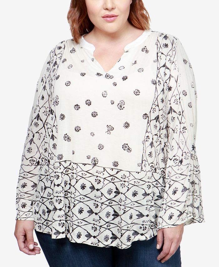 Lucky Brand Trendy Plus Size Mixed-Print Peasant Top & Reviews - Tops ...