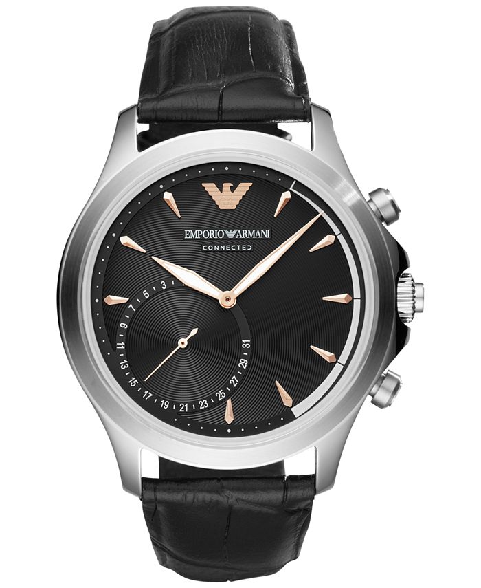 Emporio Armani Men's Connected Black Leather Strap Hybrid Smart Watch ...