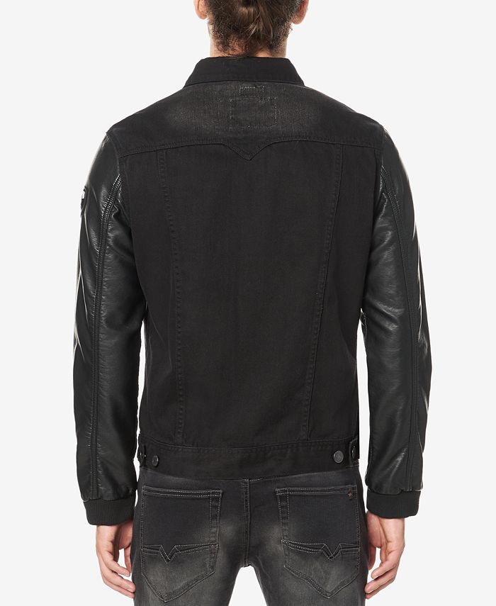 Buffalo David Bitton Men's Black Denim Jacket with Faux Leather Sleeves ...