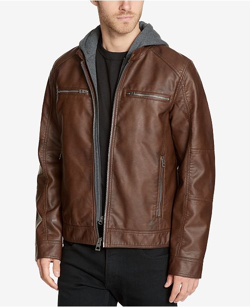 GUESS Men's Faux-Leather Detachable-Hood Motorcycle Jacket - Coats ...