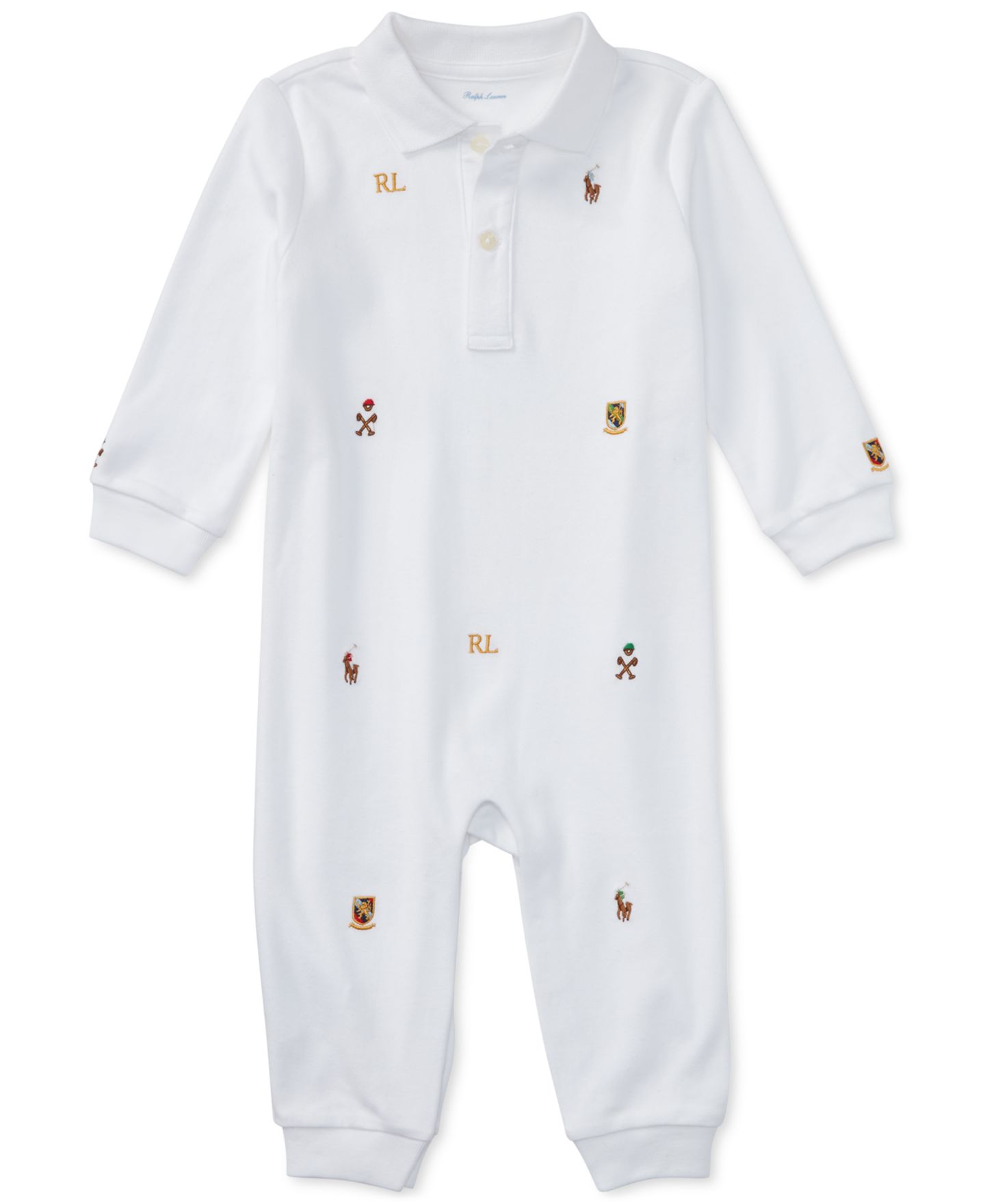 Детский хлопковый комбинезон-поло Polo Ralph Lauren с вышивкой для малыша, цвет: Белый — фото 1
