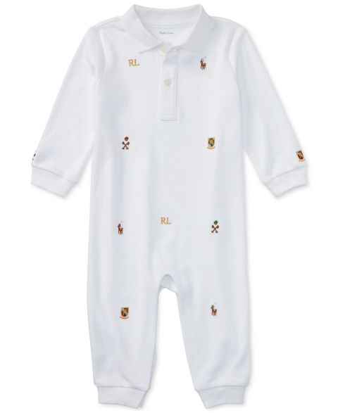 Детский хлопковый комбинезон-поло Polo Ralph Lauren с вышивкой для малыша, цвет: Белый