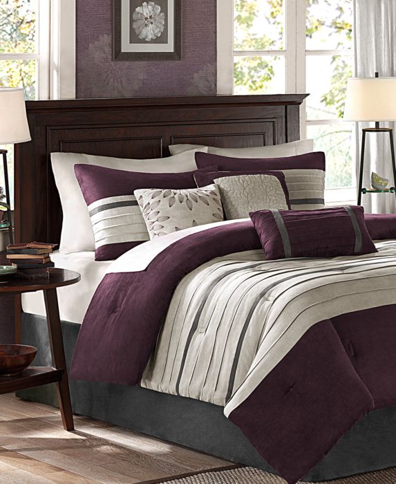 Madison Park 7pc King Dakota Microsuede Comforter Set Plum: Hypoallergenic, Embroidered, Stripe Design: Polyester, Machine Washable