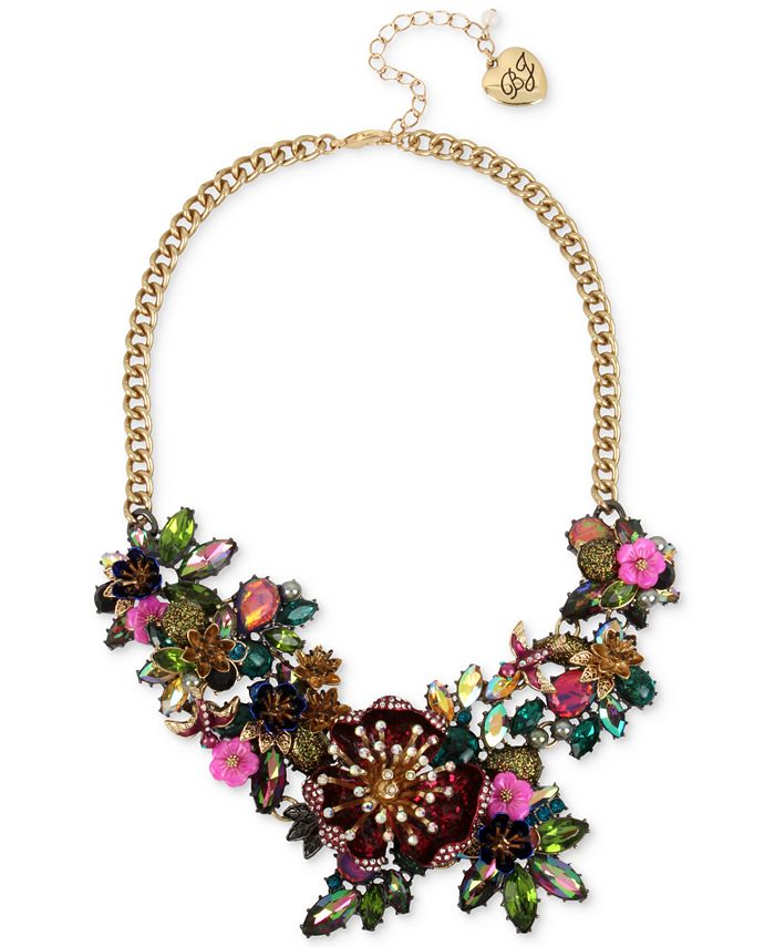 Betsey Johnson Gold-Tone Multi-Stone Flower Statement Necklace ...