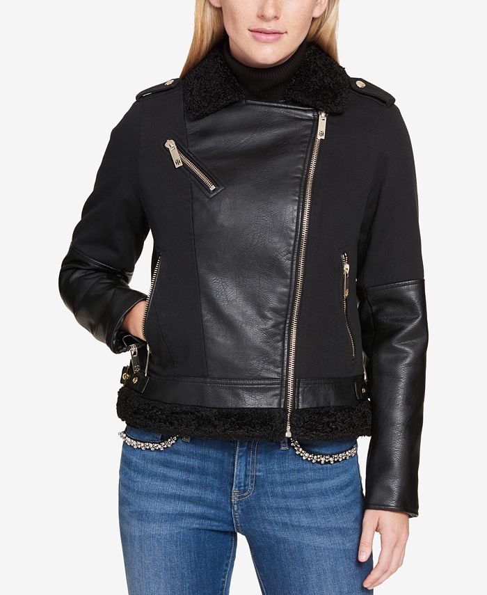 Tommy Hilfiger Faux-Fur-Trim Moto Jacket, Created for Macy's & Reviews ...
