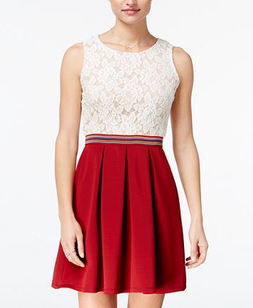 Juniors lace pleated fit and flare dress