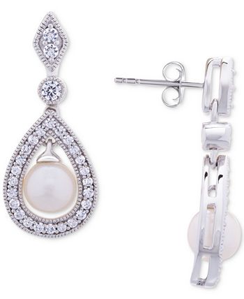 Macy's - Cultured Freshwater Pearl (6mm) & White Topaz (1 ct. t.w.) Drop Earrings in Sterling Silver
