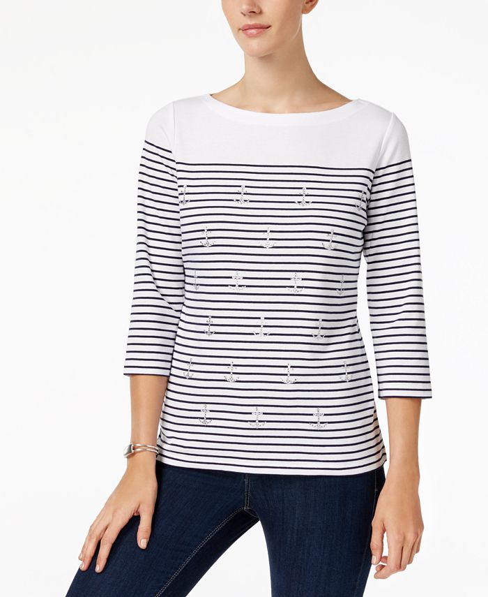Karen Scott Petite Cotton Embellished Striped Top, Created for Macy's ...
