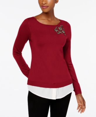 Charter Club - Layered-Look Brooch Sweater