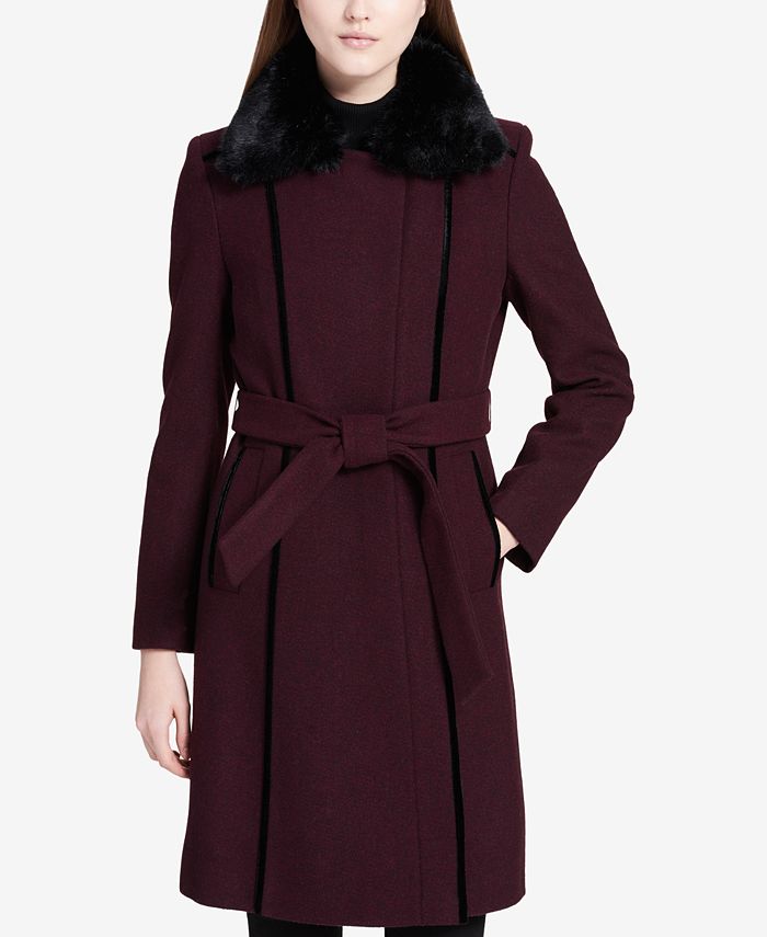 Calvin Klein Faux-Fur-Collar Velvet-Trim Walker Coat & Reviews - Coats ...