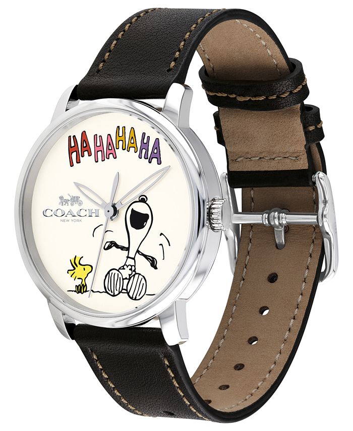 COACH Unisex Peanuts' Snoopy Grand Black Leather Strap Watch 40mm - Macy's