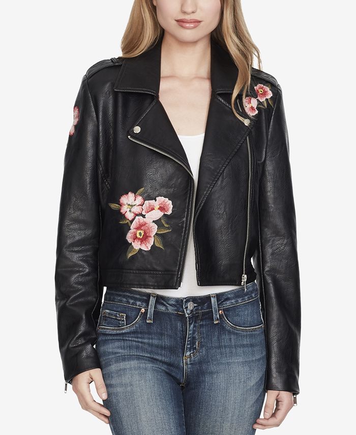 Jessica Simpson Embroidered Faux-Leather Moto Jacket - Macy's