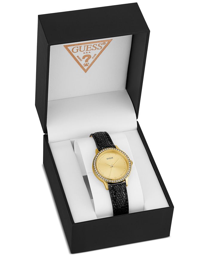 GUESS Women s Black Leather Strap Watch 30mm Created for Macy s