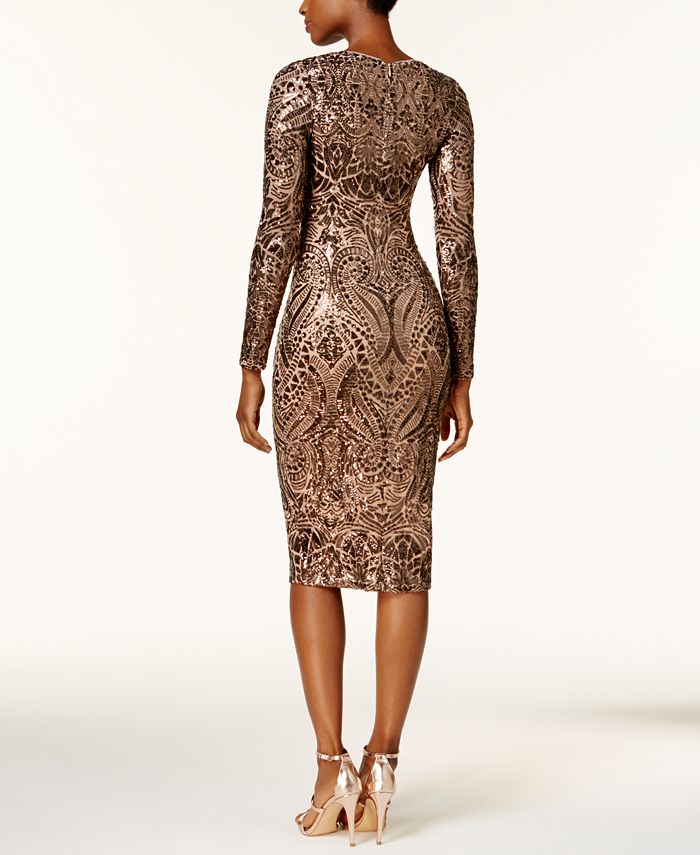betsy & adam sequin & mesh overlay gown