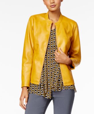 Alfani - Petite Faux-Leather Band-Collar Jacket