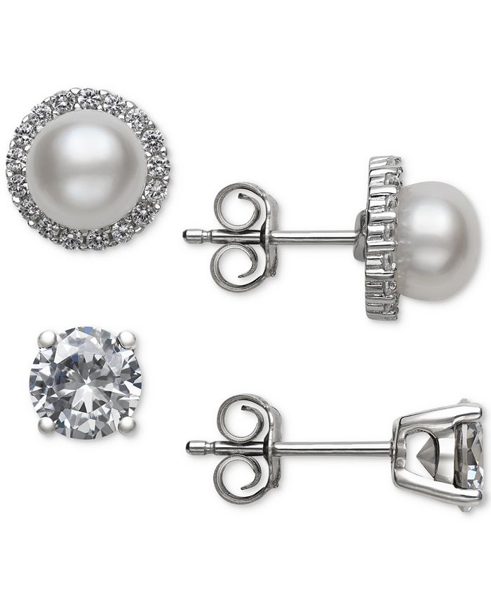 Belle de Mer - 2-Pc. Set Cultured Freshwater Pearl (6mm) & Cubic Zirconia Stud Earrings in Sterling Silver
