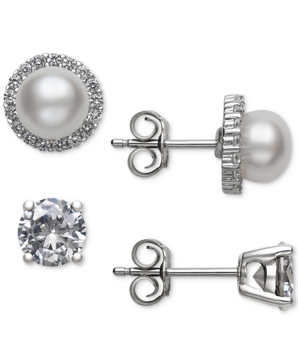 2-Pc. Set Cultured Freshwater Pearl (6mm) & Cubic Zirconia Stud Earrings in Sterling Silver, Created for Macy's - Silver