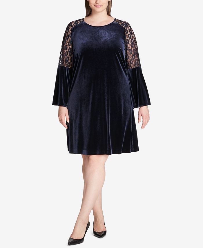 Tommy Hilfiger Plus Size Lace-Sleeve Velvet Shift Dress, Created for ...