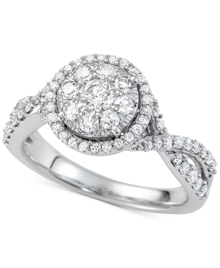 Macy's Diamond Cluster Halo Engagement Ring (1 ct. t.w.) in 14k White ...
