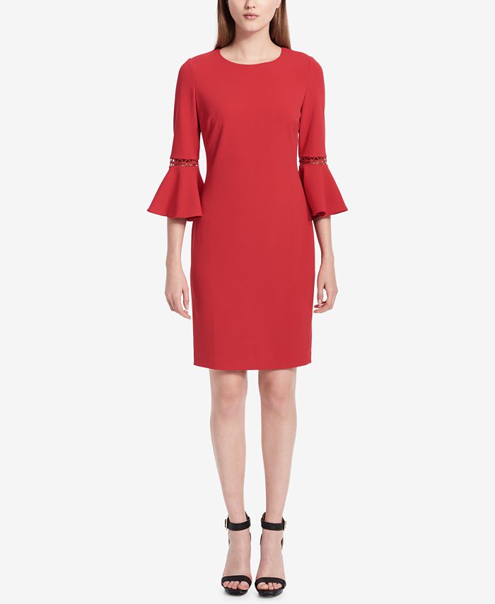 Calvin Klein Lattice-Trim Bell-Sleeve Dress - Macy's