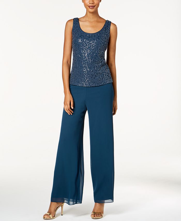 SL Fashions 3-Pc. Sequined Lace Pantsuit - Macy's