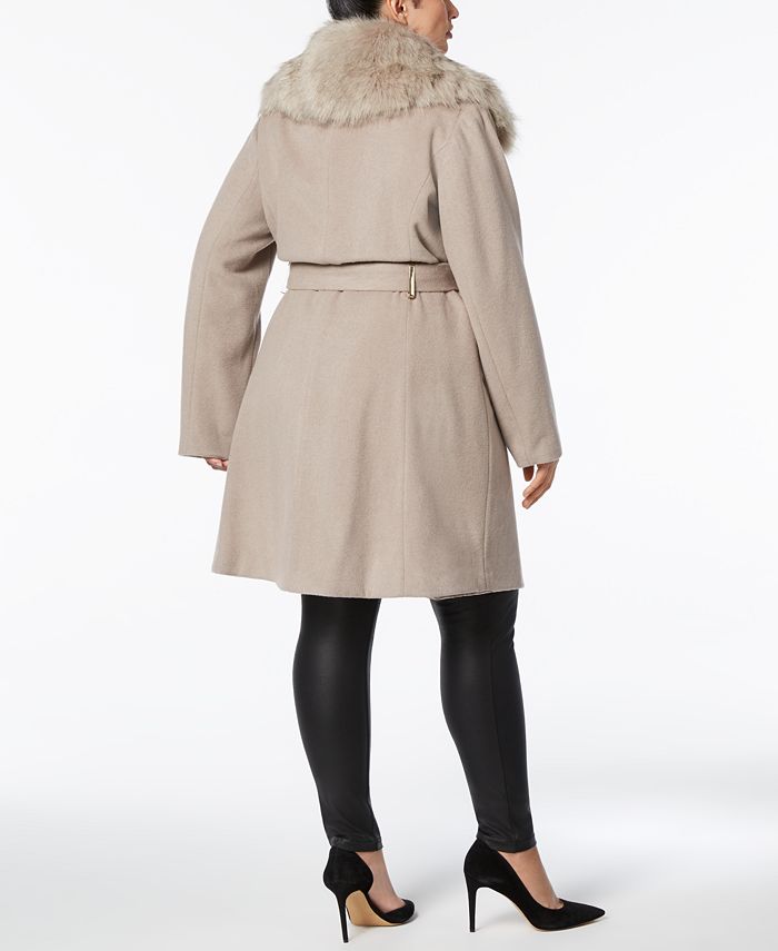 T Tahari Plus Size Faux Fur Collar Belted Wrap Coat Macy s