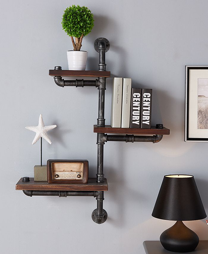 Armen Living 30" Orton Industrial Pine Wood Floating Wall Shelf in Gray