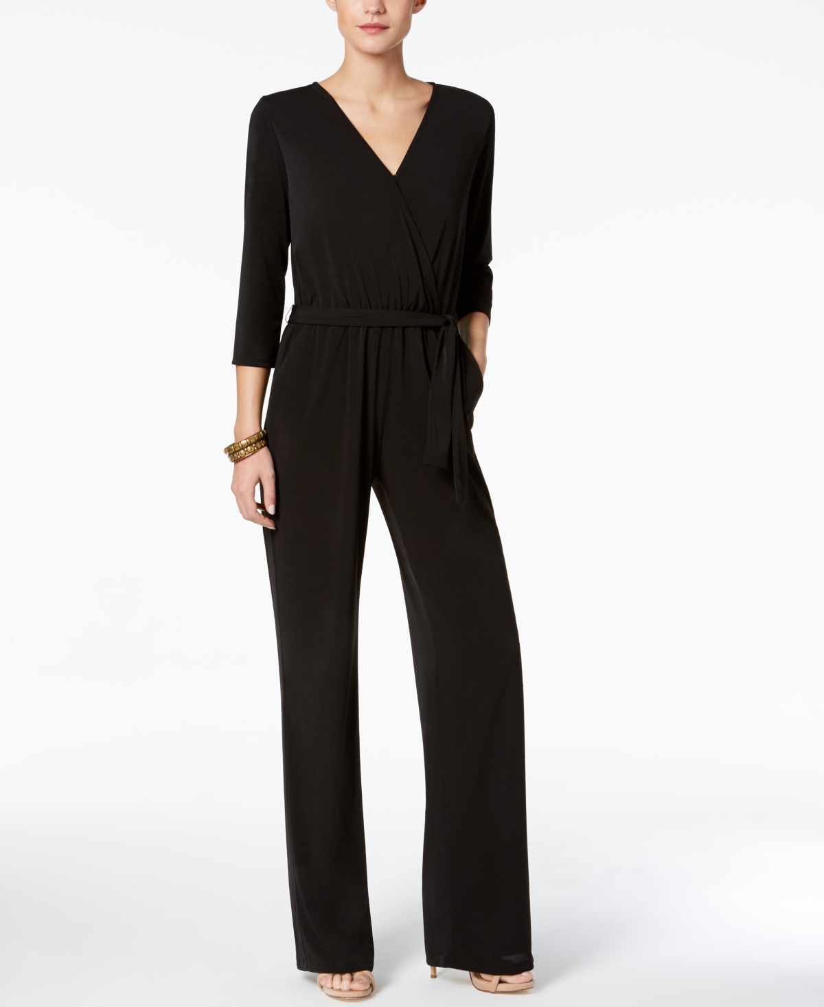 Petite 3/4 Sleeve Belted Wide Leg Jumpsuit - Black