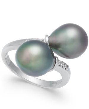 image of Cultured Tahitian Pearl (9mm) and Diamond Accent Bypass Ring in 14k White Gold