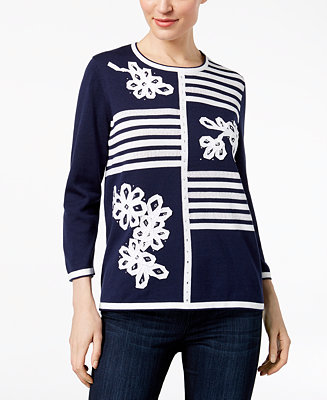 Alfred Dunner Montego Bay Striped Rhinestone-Embellished Sweater - Macy's