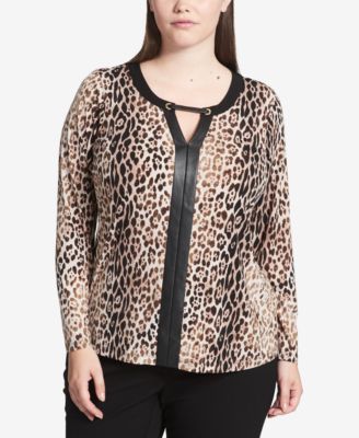 Calvin Klein - Plus Size Cheetah-Print Faux-Leather-Trim Top