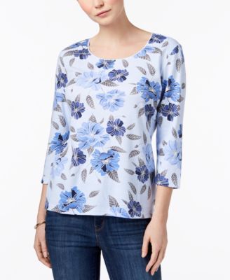 Karen Scott - Petite Cotton Printed 3/4-Sleeve Top, Created for Macy's