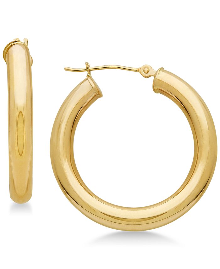14K Real Solid Yellow Gold Shiny Polished Flat Tube Chunky Creole Hoop  Earrings