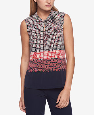 Tommy Hilfiger Mixed-Print Knot-Neck Shell - Macy's