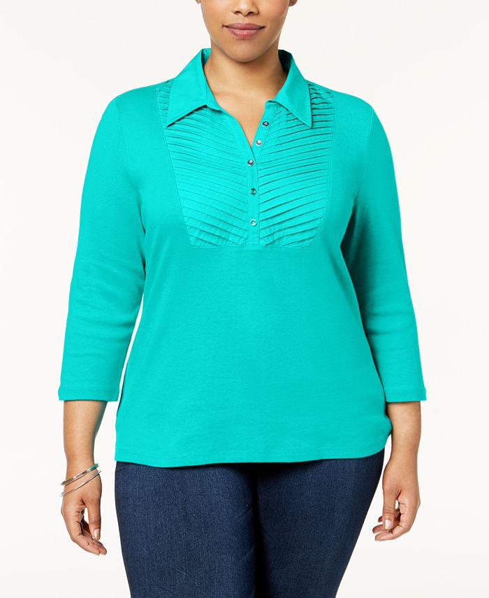 Karen Scott Plus Size Cotton Pleated Polo Top, Created for Macy's - Macy's
