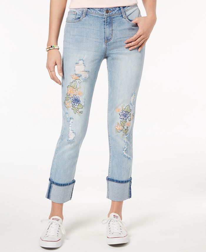 Black Daisy Juniors' Kate Ripped Embroidered Skinny Jeans - Macy's