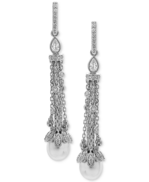 image of Arabella Cultured Freshwater Pearl (8 x 10mm) & Swarovski Zirconia Linear Drop Earrings in Sterling Silver