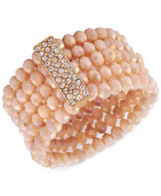 Say Yes to the Prom - Gold-Tone Crystal & Pink Imitation Pearl Multi-Row Stretch Bracelet