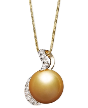 image of 14k Gold Necklace, Cultured Golden South Sea Pearl (13mm) and Diamond (1/3 ct. t.w.) Pendant