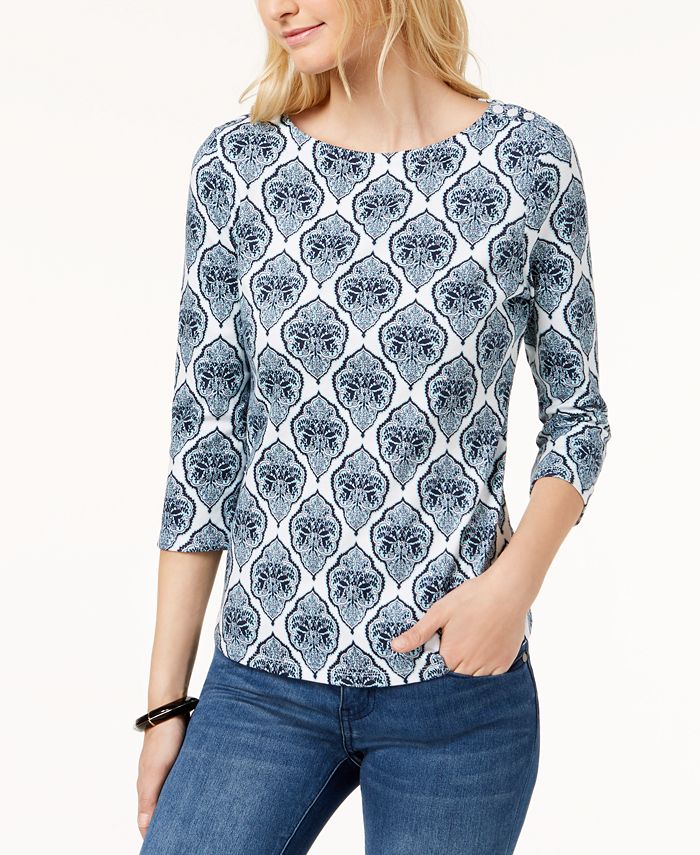 Charter Club Button-Shoulder Print Top In Regular & Petite Sizes ...