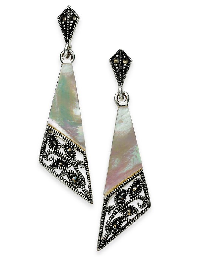 Macy s Marcasite and Mother of Pearl Drop Earrings in Silver Plate