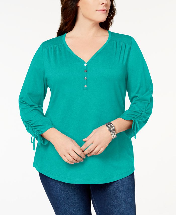 Karen Scott Plus Size Cotton Ruched Henley Top, Created for Macy's - Macy's